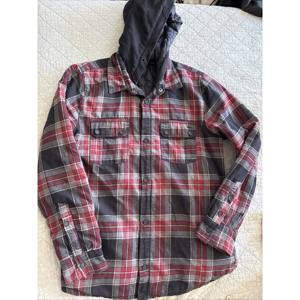 Volcom Jacket Mens Medium  Red Black Plaid Button Up Lined Shirt Shacket Warm‎